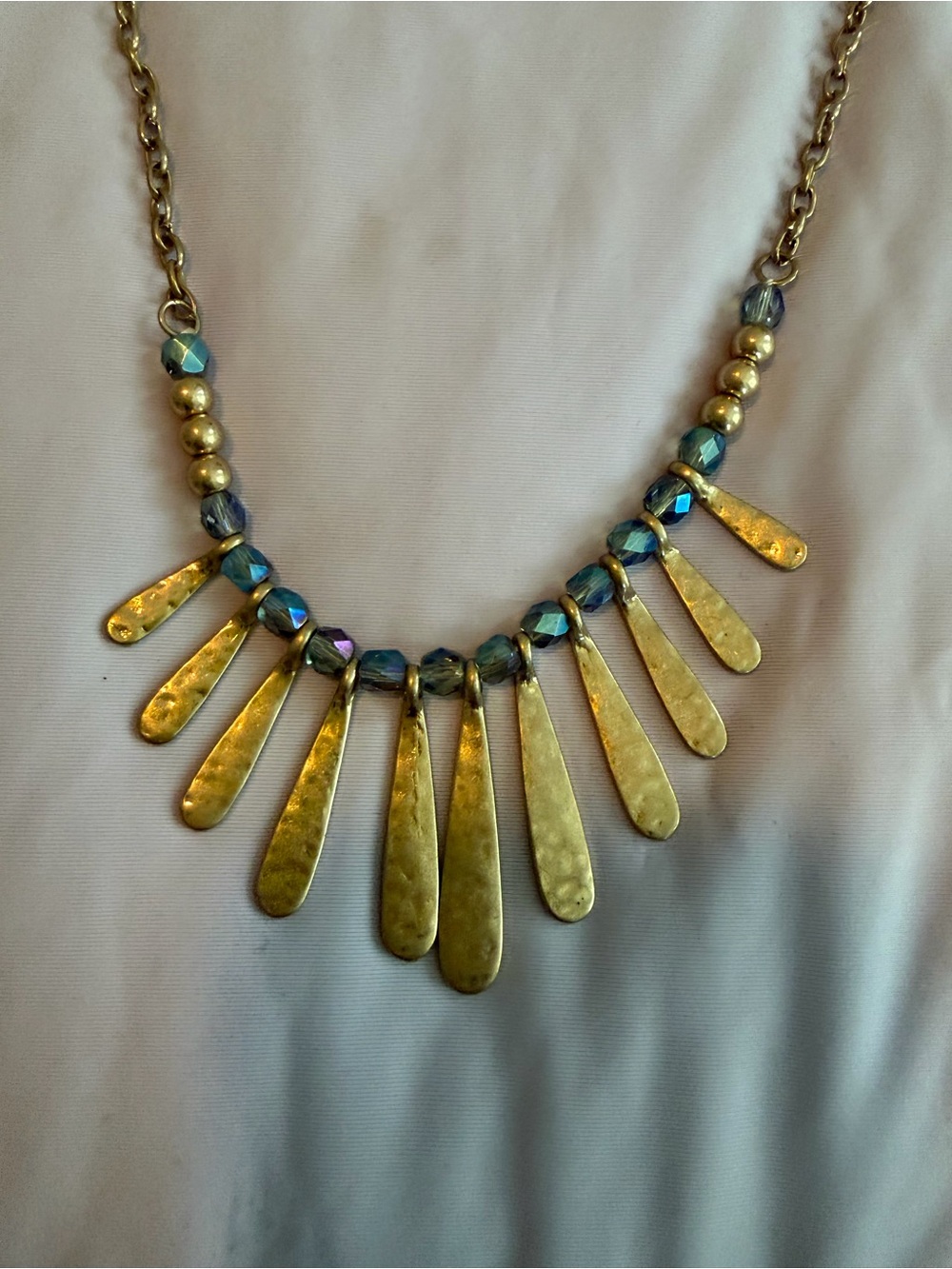 Gold-Tone Hammered Spike Necklace with Blue Accent Beads - Women Jewelry